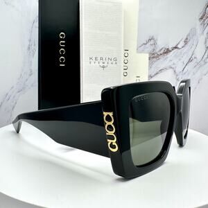 New GUCCI Sunglasses Black Gold Logo Square Oversized 51mm Grey Lens Womens